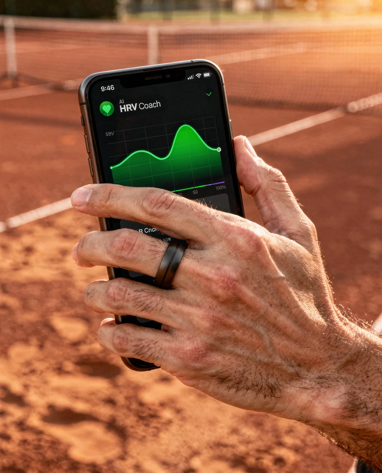 Hand mit MYnextRING hält Smartphone mit Health-App
